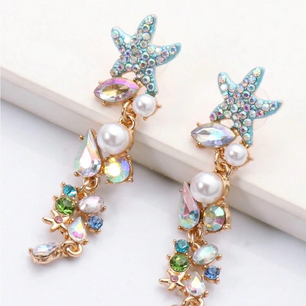 New Crystal and Pearl Aqua Starfish Drop Earrings